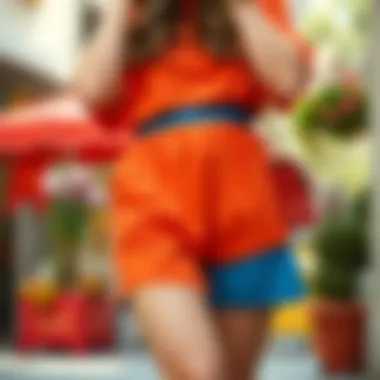 A fashionable ensemble featuring a dress short in vibrant colors