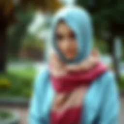 Elegant combination of light blue tunic with contrasting scarf