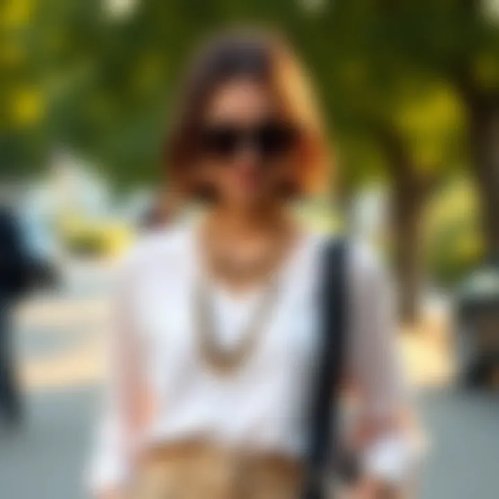 Accessorized look with beige trousers and statement jewelry