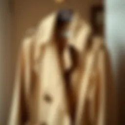 A stylish beige trench coat draped elegantly on a hanger, showcasing its sophisticated design.