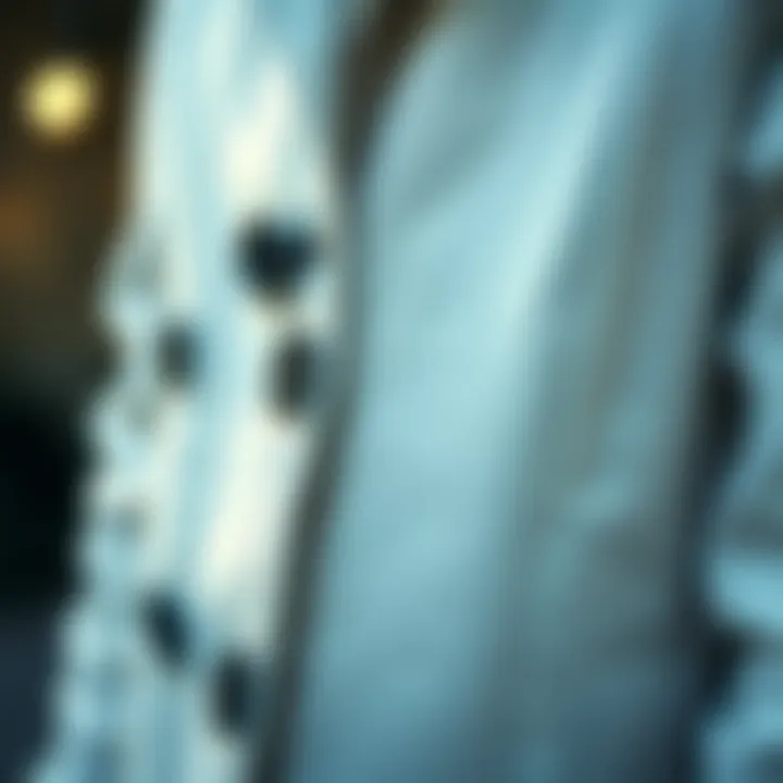 Close-up of a white long coat's details including buttons and stitching