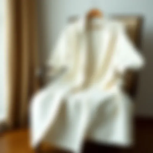 Elegant white long coat draped on a stylish chair showcasing its fabric texture