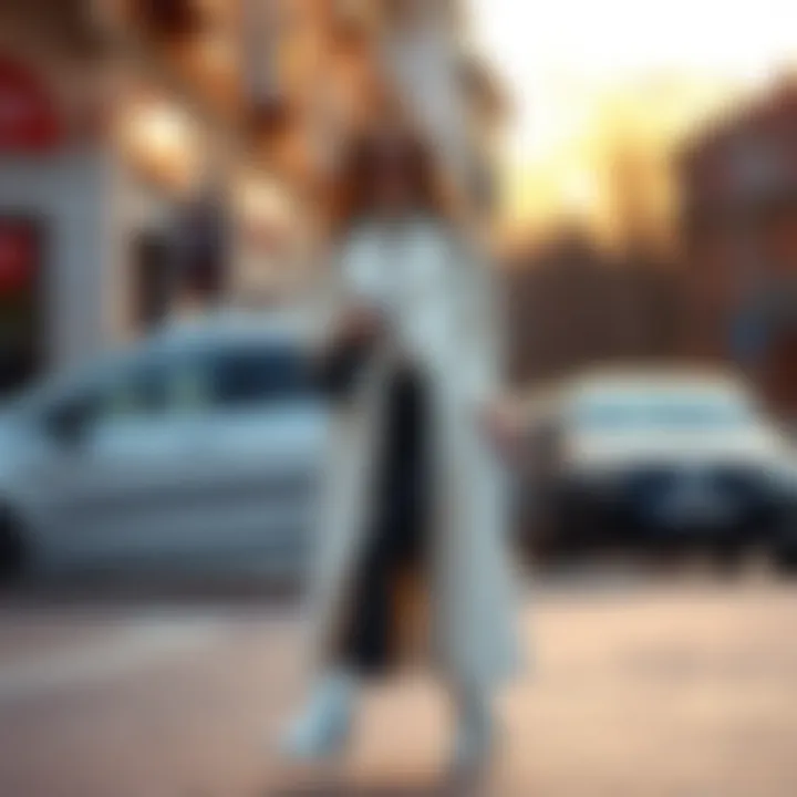 Chic street style featuring a white long coat paired with trendy accessories