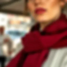 Elegant burgundy scarf draped stylishly around a model's neck