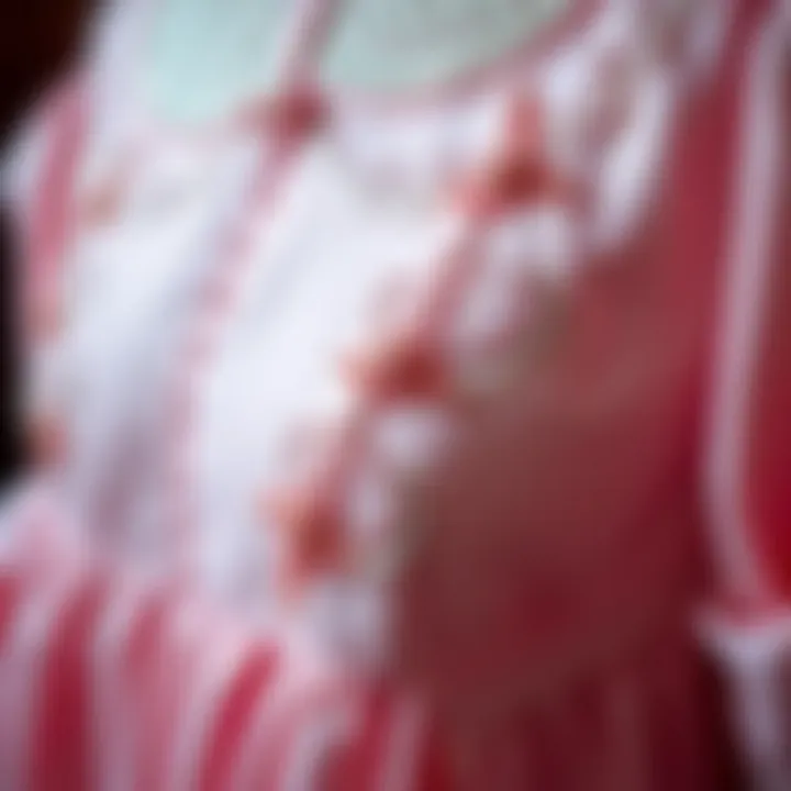 A close-up of intricate embroidery on a pink fabric