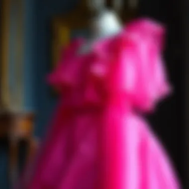A vibrant pink dress draped elegantly on a vintage mannequin