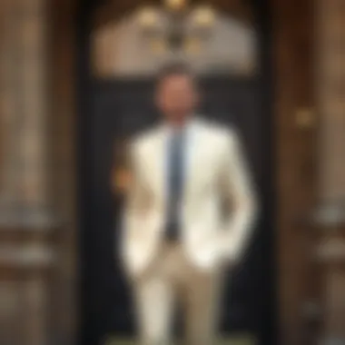 Formal look featuring a cream blazer with dress pants