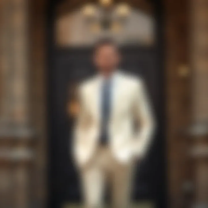 Formal look featuring a cream blazer with dress pants