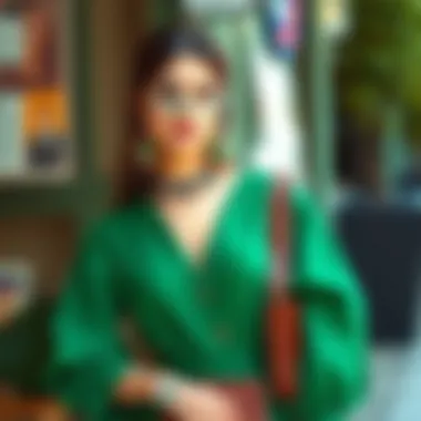 Trendy green dress combined with stylish accessories