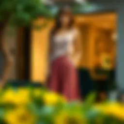 A vibrant patterned midi skirt styled with a chic top.