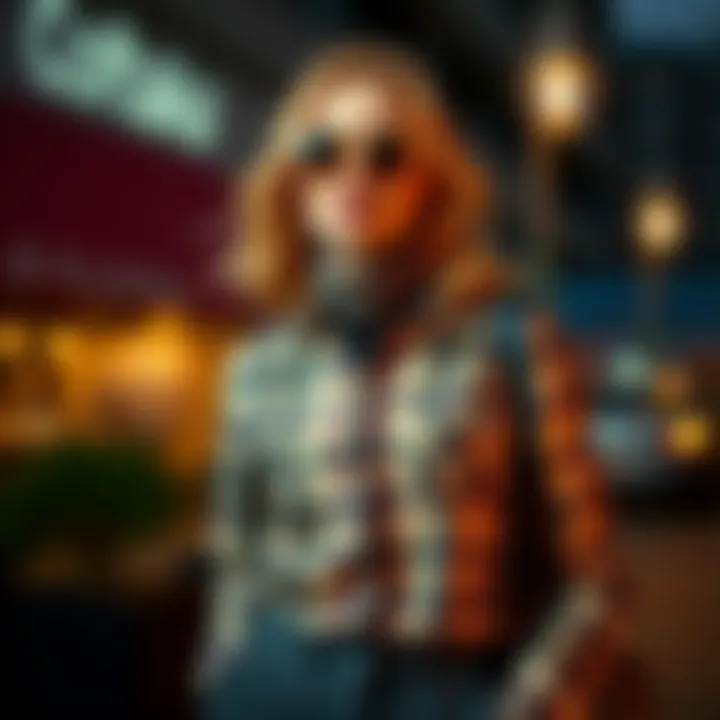 A chic outfit combining a checked shirt with seasonal accessories.