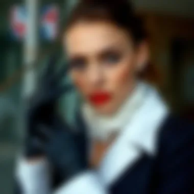 Model showcasing black gloves in a modern outfit