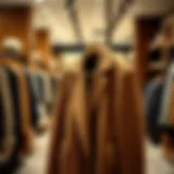 Elegant brown coat displayed on a wooden hanger in a stylish boutique