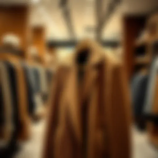 Chic Brown Coat in Fashion Boutique Elegant brown coat displayed on a wooden hanger in a stylish boutique