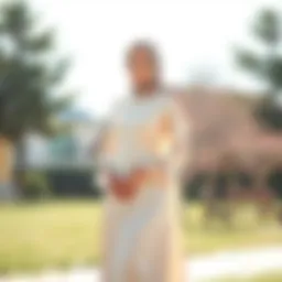 Elegant modest dress showcased in a serene outdoor setting.