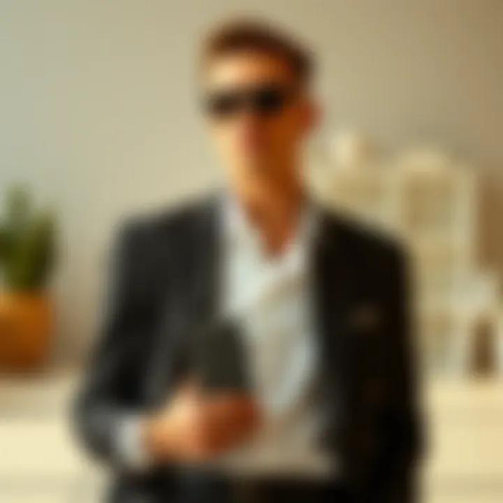 A stylish combination of suit and accessories showcased in a minimalistic setting