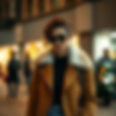 Fashionable outfit featuring suede jacket with fur collar in urban setting