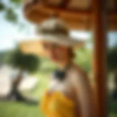 Bow Hat and Summer Dress A fashionable bow hat paired with a summer dress in an outdoor setting