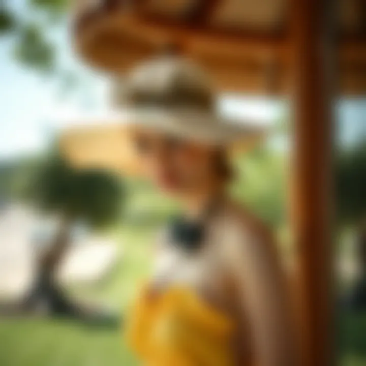 Bow Hat and Summer Dress A fashionable bow hat paired with a summer dress in an outdoor setting