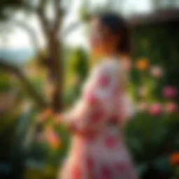 Elegant floral chiffon dress in a serene garden setting