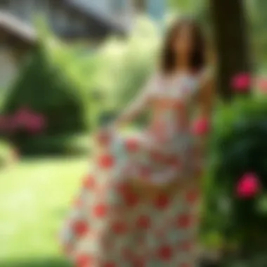 Elegant midi dress with floral patterns in a serene garden setting