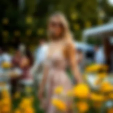 Stylish woman wearing a midi floral dress at a summer outdoor event