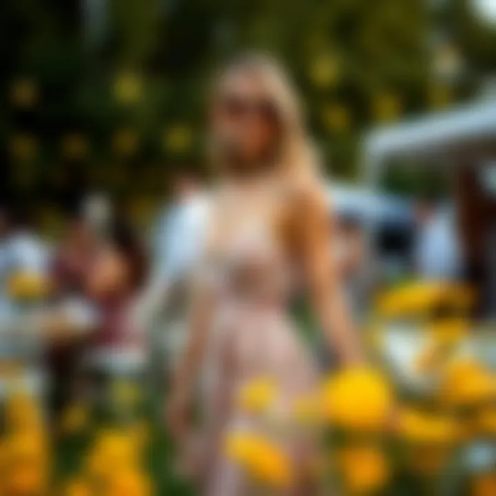 Stylish woman wearing a midi floral dress at a summer outdoor event