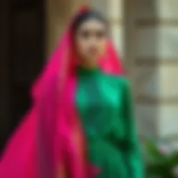 Elegant green dress paired with a vibrant pink shawl
