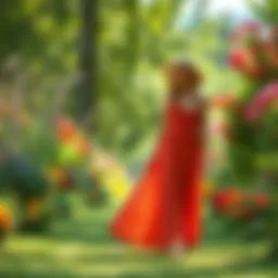 Elegant long summer dress in a vibrant garden setting