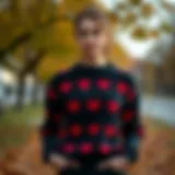 Stylish heart-patterned sweater in autumn setting