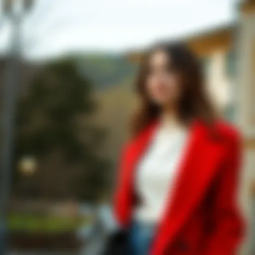 Vibrant red coat styled with casual attire
