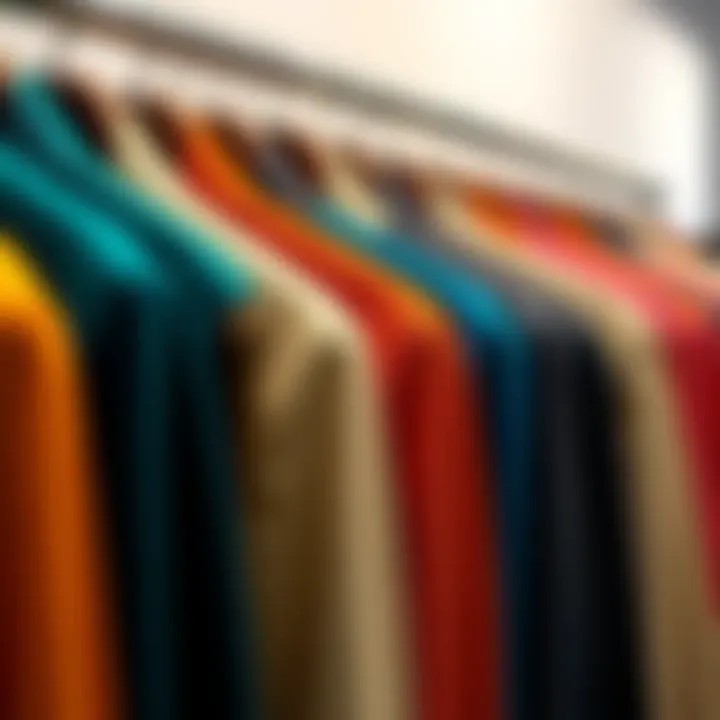An array of short blazers in different colors displayed on hangers