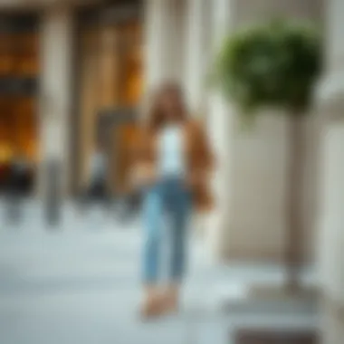 A fashionable outfit featuring a short blazer paired with casual jeans
