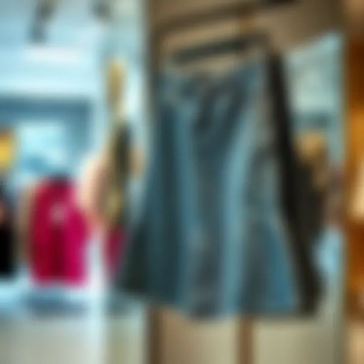 Boutique Display of Flared Denim Skirt Flared denim skirt displayed on a stylish hanger in a boutique