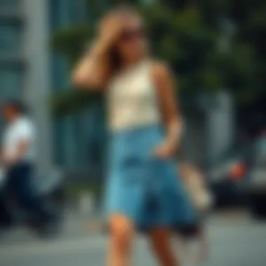 Casual Outfit with Flared Denim Skirt Casual outing featuring a flared denim skirt with trendy accessories