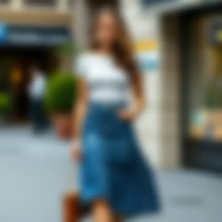 Chic Flared Denim Skirt Ensemble Stylish flared denim skirt paired with a chic top