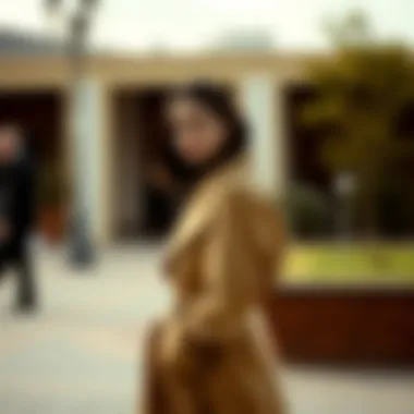 Elegant trench coat showcasing ruched sleeves in an outdoor setting