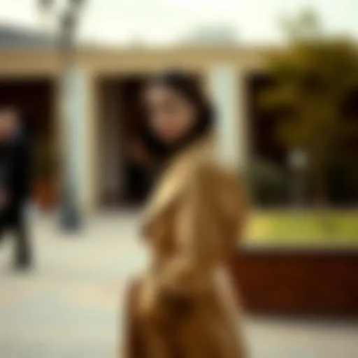 Elegant trench coat showcasing ruched sleeves in an outdoor setting