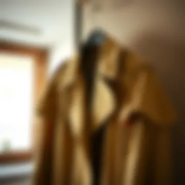 Interior shot of a ruched sleeve trench coat elegantly draped on a hanger