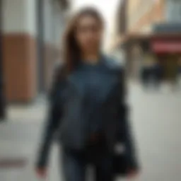 Elegant navy leather jacket styled for a casual outing