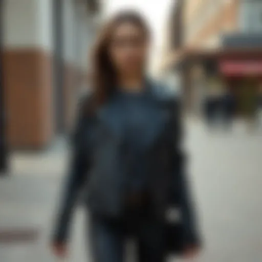 Elegant navy leather jacket styled for a casual outing