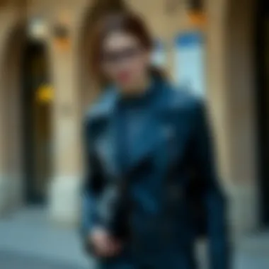 Stylish layering with a navy leather jacket and accessories