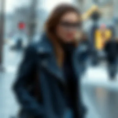 Fashionable navy leather jacket combination with winter attire