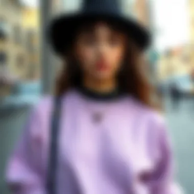 Creative outfit combination featuring lila sweatshirt and accessories