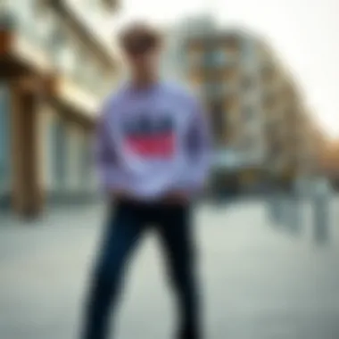 Lila sweatshirt styled with casual pants and sneakers in urban setting