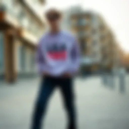 Lila sweatshirt styled with casual pants and sneakers in urban setting