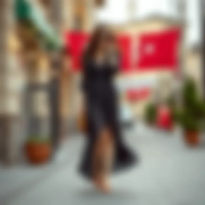 Chic long dress paired with trendy footwear and complementary accessories