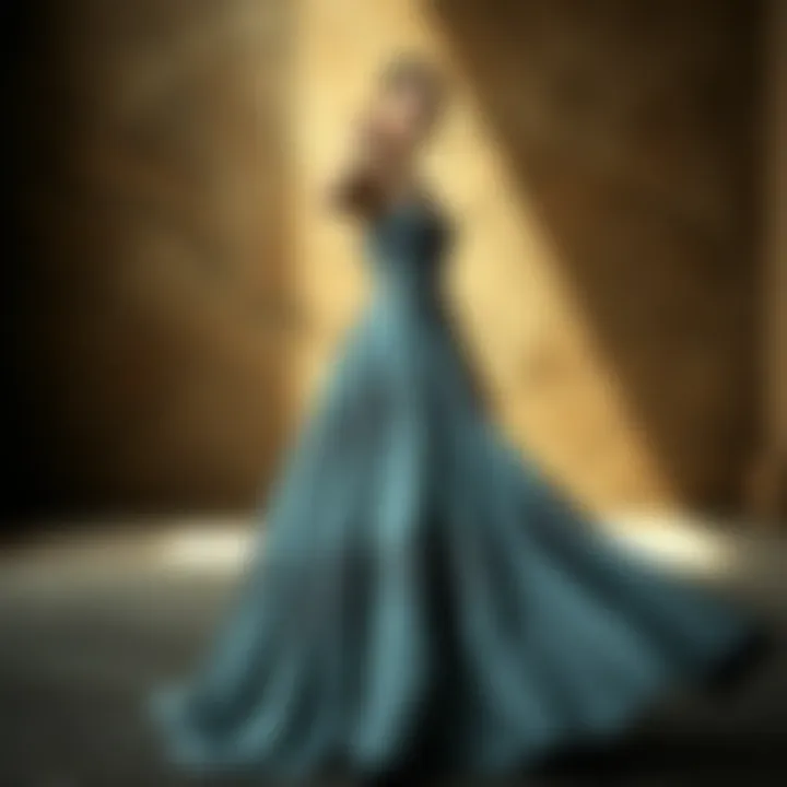 Elegant long dress showcasing intricate patterns and textures