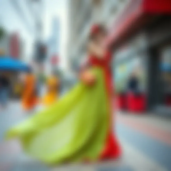 Fashionable long dress with vibrant colors and stylish accessories