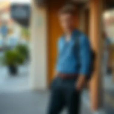 Casual Elegance: Blue Shirt and Black Pants in Everyday Life Casual setting showcasing blue shirt and black trousers outfit